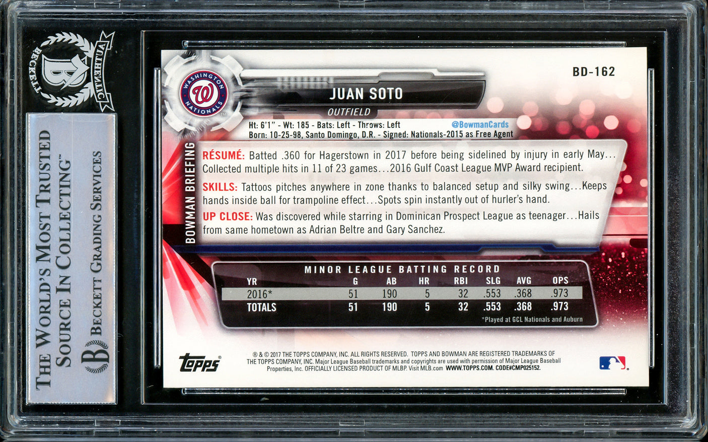 Juan Soto Autographed 2017 Bowman Draft Rookie Card #BD162 New York Yankees Beckett BAS Stock #206607