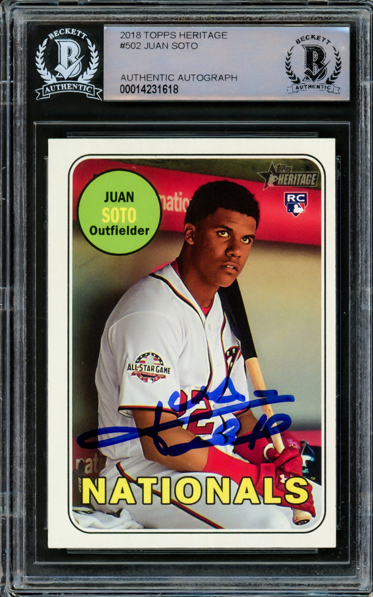 Juan Soto Autographed 2018 Topps Heritage Rookie Card #502 New York Mets (Off-Center) Beckett BAS #14231618