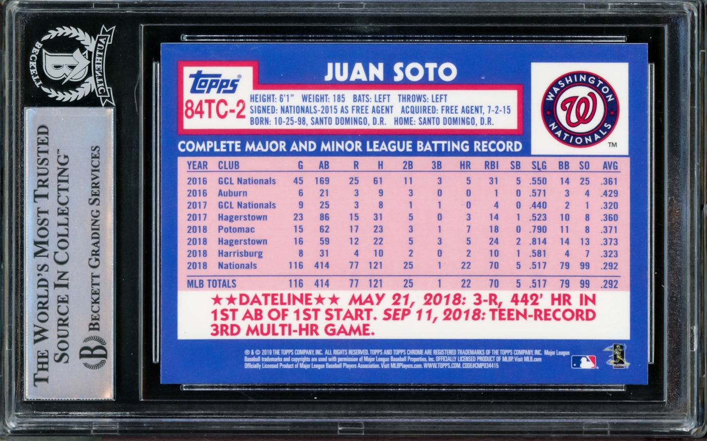 Juan Soto Autographed 2019 Topps Chrome Refractor 1984 Rookie Card #84TC-2 New York Yankees Beckett BAS #14231624