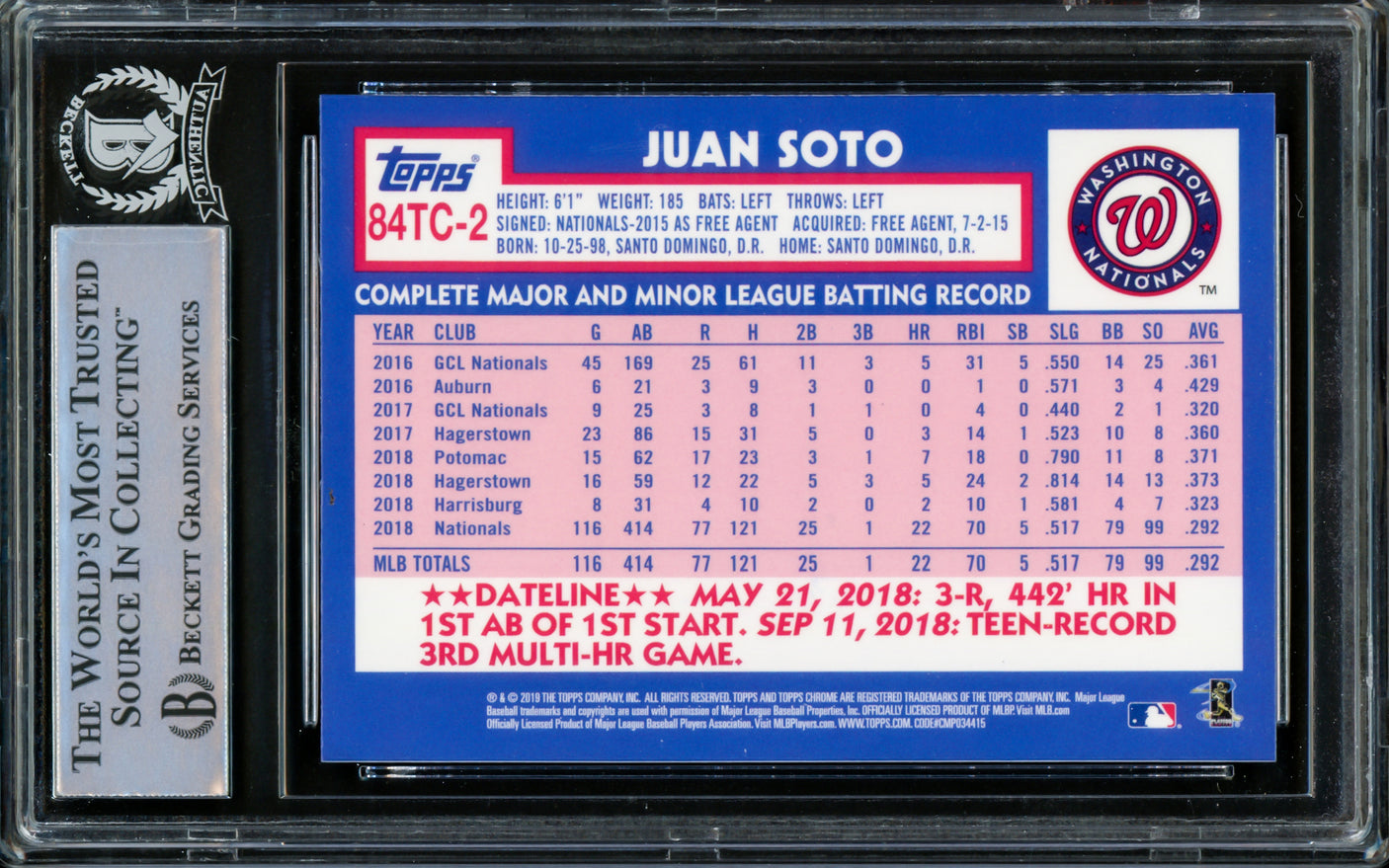 Juan Soto Autographed 2019 Topps Chrome Refractor 1984 Rookie Card #84TC-2 New York Mets Beckett BAS #14231625