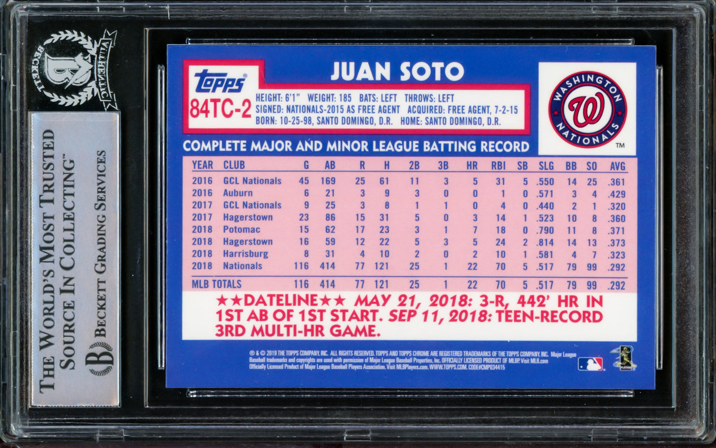 Juan Soto Autographed 2019 Topps Chrome Refractor 1984 Rookie Card #84TC-2 New York Yankees Beckett BAS #14231626