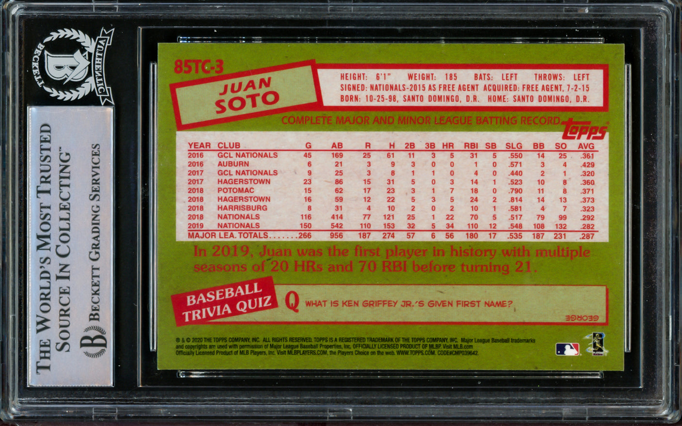 Juan Soto Autographed 2020 Topps Chrome Refractor 1985 Card #85TC-3 New York Mets Beckett BAS #14231630
