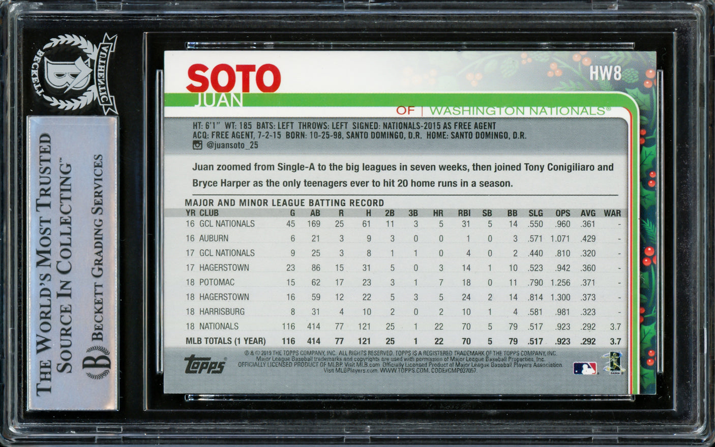 Juan Soto Autographed 2019 Topps Holiday Rookie Card #HW8 New York Yankees Beckett BAS #14231633