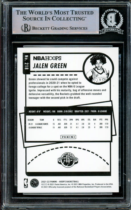 Jalen Green Autographed 2021-22 NBA Hoops Rookie Card #218 Houston Rockets Beckett BAS Stock #206624