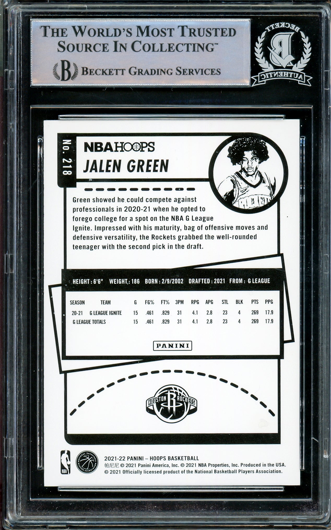Jalen Green Autographed 2021-22 NBA Hoops Rookie Card #218 Houston Rockets Beckett BAS Stock #206624