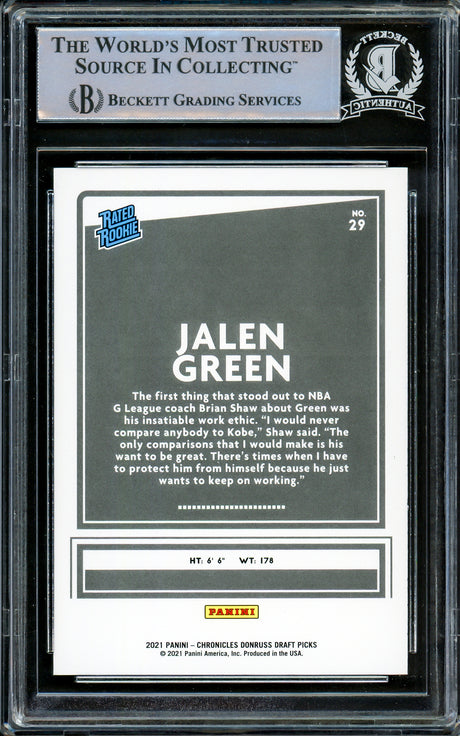 Jalen Green Autographed 2021-22 Donruss Rated Rookie Card #29 Houston Rockets Beckett BAS Stock #206625