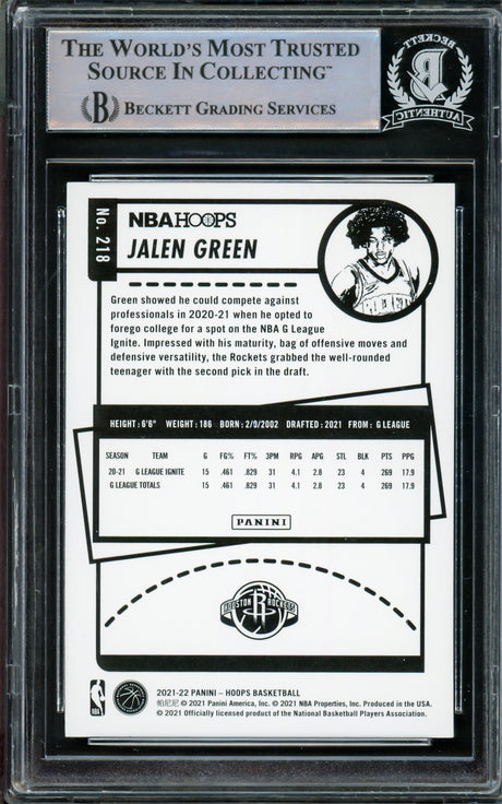 Jalen Green Autographed 2021-22 NBA Hoops Blue Rookie Card #218 Houston Rockets Beckett BAS #14231677