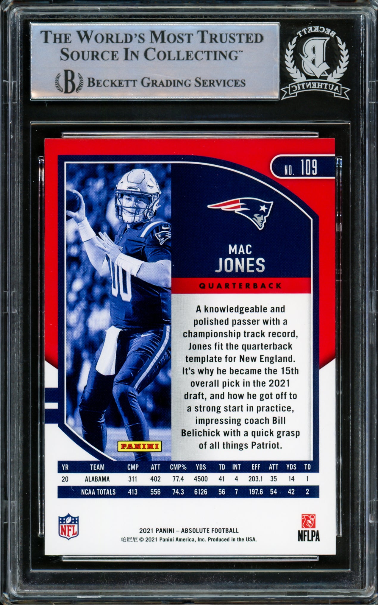 Mac Jones Autographed 2021 Panini Absolute Red Rookie Card #109 New England Patriots Beckett BAS #14231769