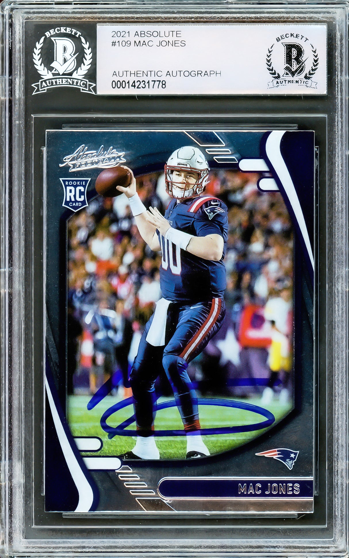 Mac Jones Autographed 2021 Panini Absolute Rookie Card #109 New England Patriots Beckett BAS Stock #206634