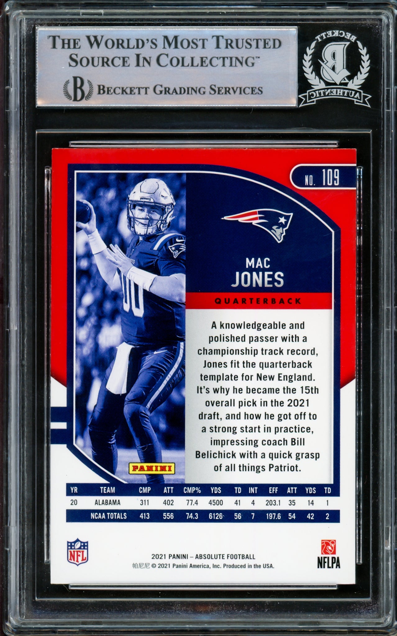 Mac Jones Autographed 2021 Panini Absolute Rookie Card #109 New England Patriots Beckett BAS Stock #206634