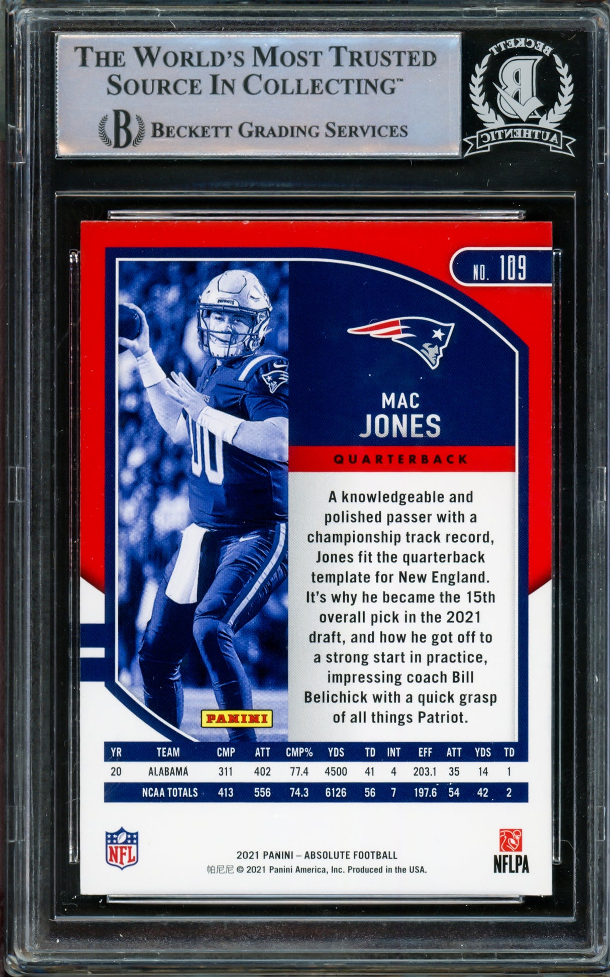 Mac Jones Autographed 2021 Panini Absolute Rookie Card #109 New England Patriots (Smudged) Beckett BAS #14231817