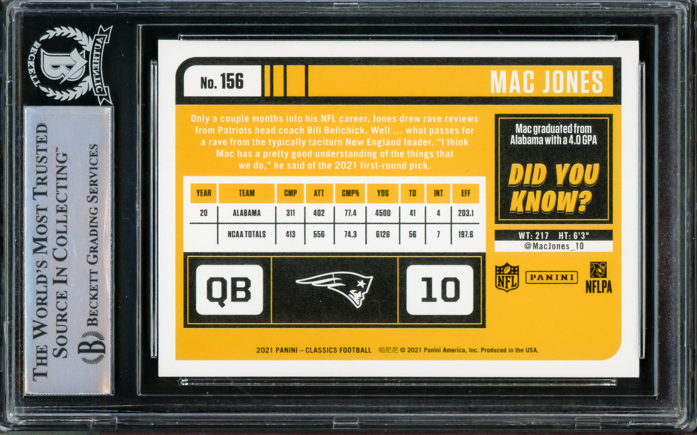 Mac Jones Autographed 2021 Panini Classics Rookie Card #156 New England Patriots Beckett BAS #14231878