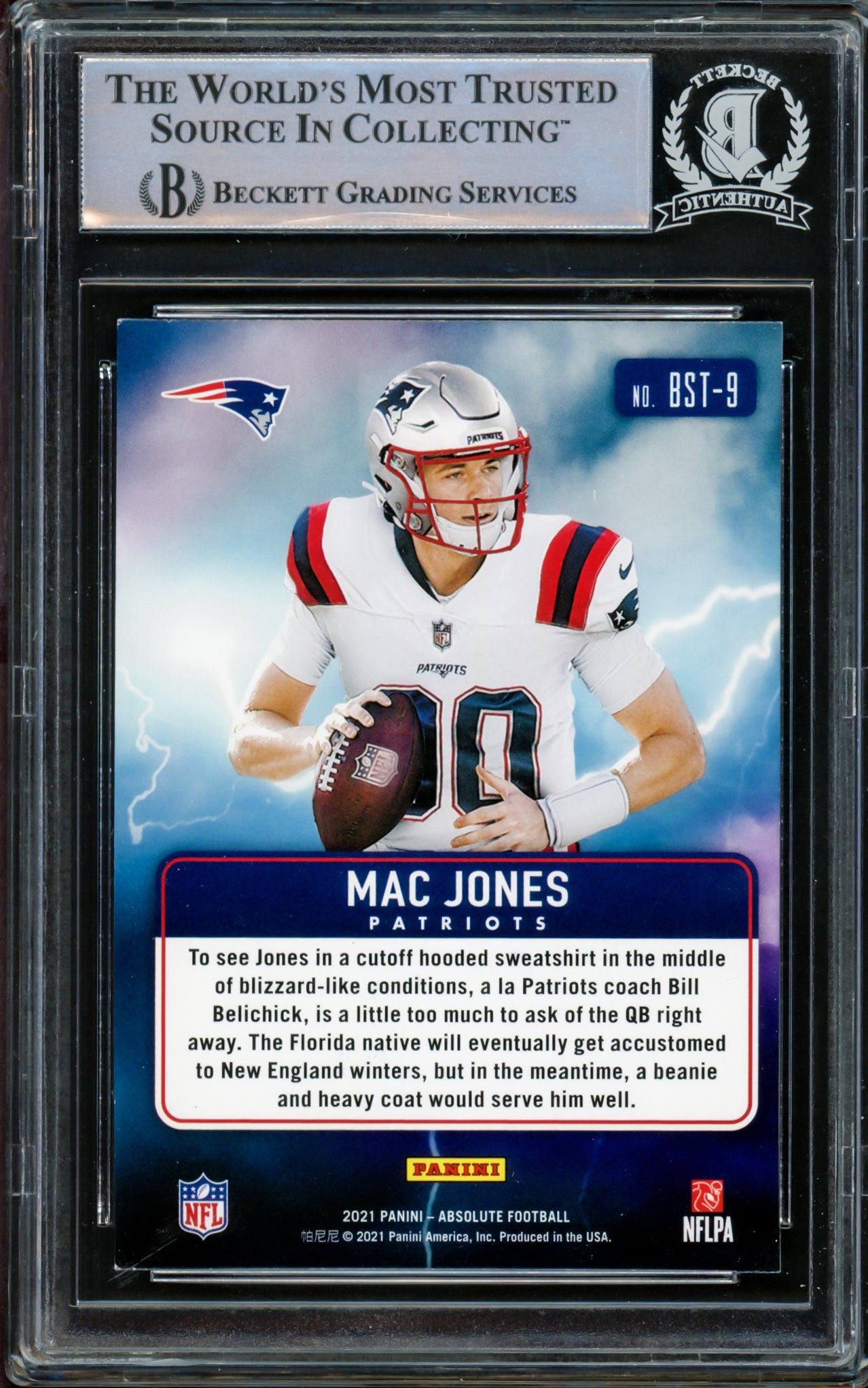 Mac Jones Autographed 2021 Panini Absolute By Storm Rookie Card #BST-9 New England Patriots Beckett BAS #14231896