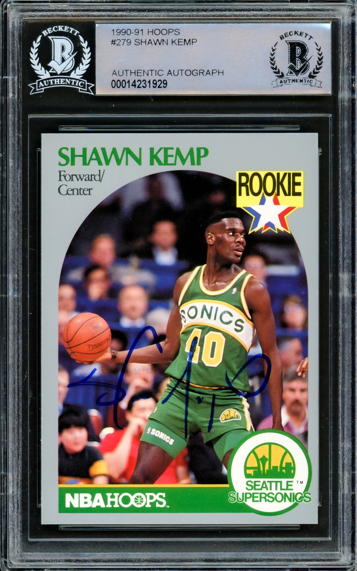 Shawn Kemp Autographed 1990 Hoops Rookie Card #279 Seattle Supersonics Beckett BAS Stock #206662