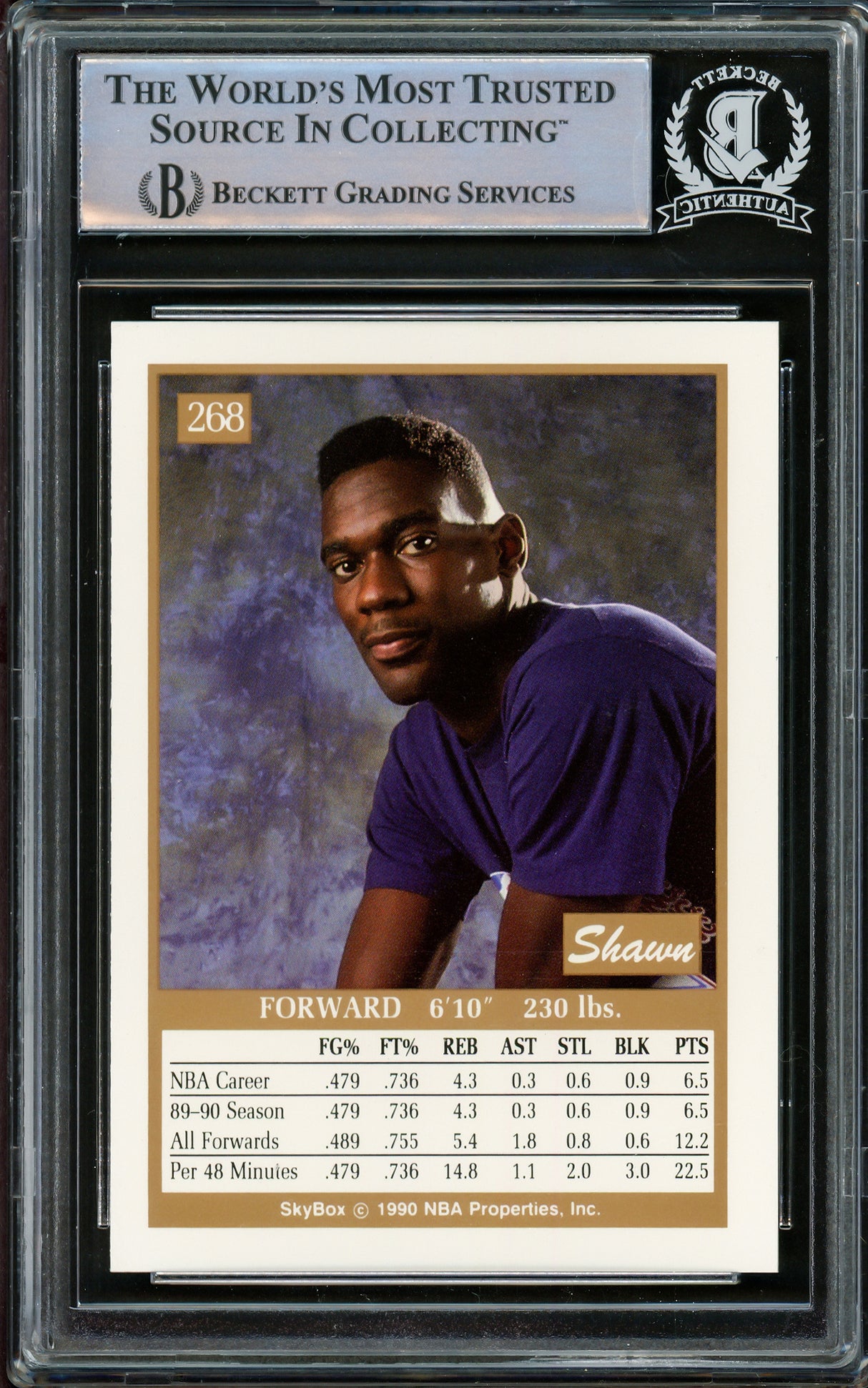 Shawn Kemp Autographed 1990 Skybox Rookie Card #268 Seattle Supersonics Beckett BAS Stock #206663