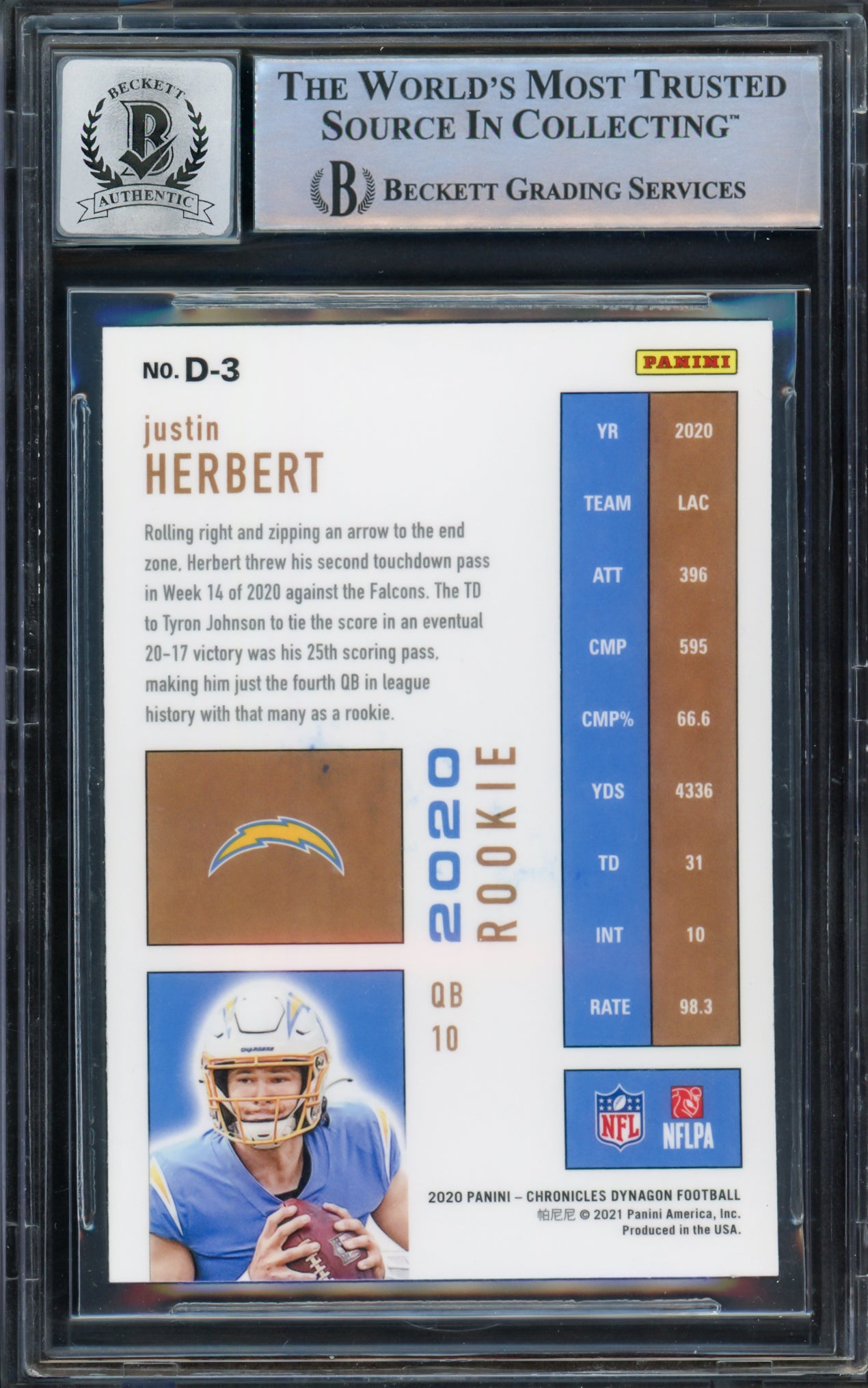 Justin Herbert Autographed 2020 Panini Chronicles Dynagon Rookie Card #D-3 Los Angeles Chargers Auto Grade Gem Mint 10 Beckett BAS #14242959