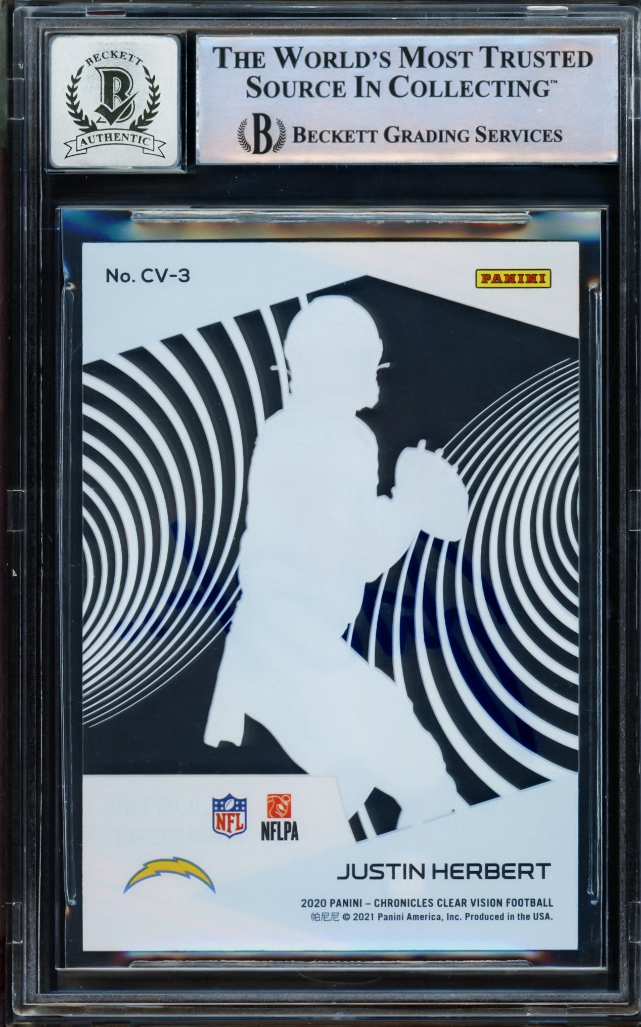 Justin Herbert Autographed 2020 Panini Chronicles Clear Dynagon Rookie Card #CV-3 Los Angeles Chargers Auto Grade Gem Mint 10 Beckett BAS Stock #206681