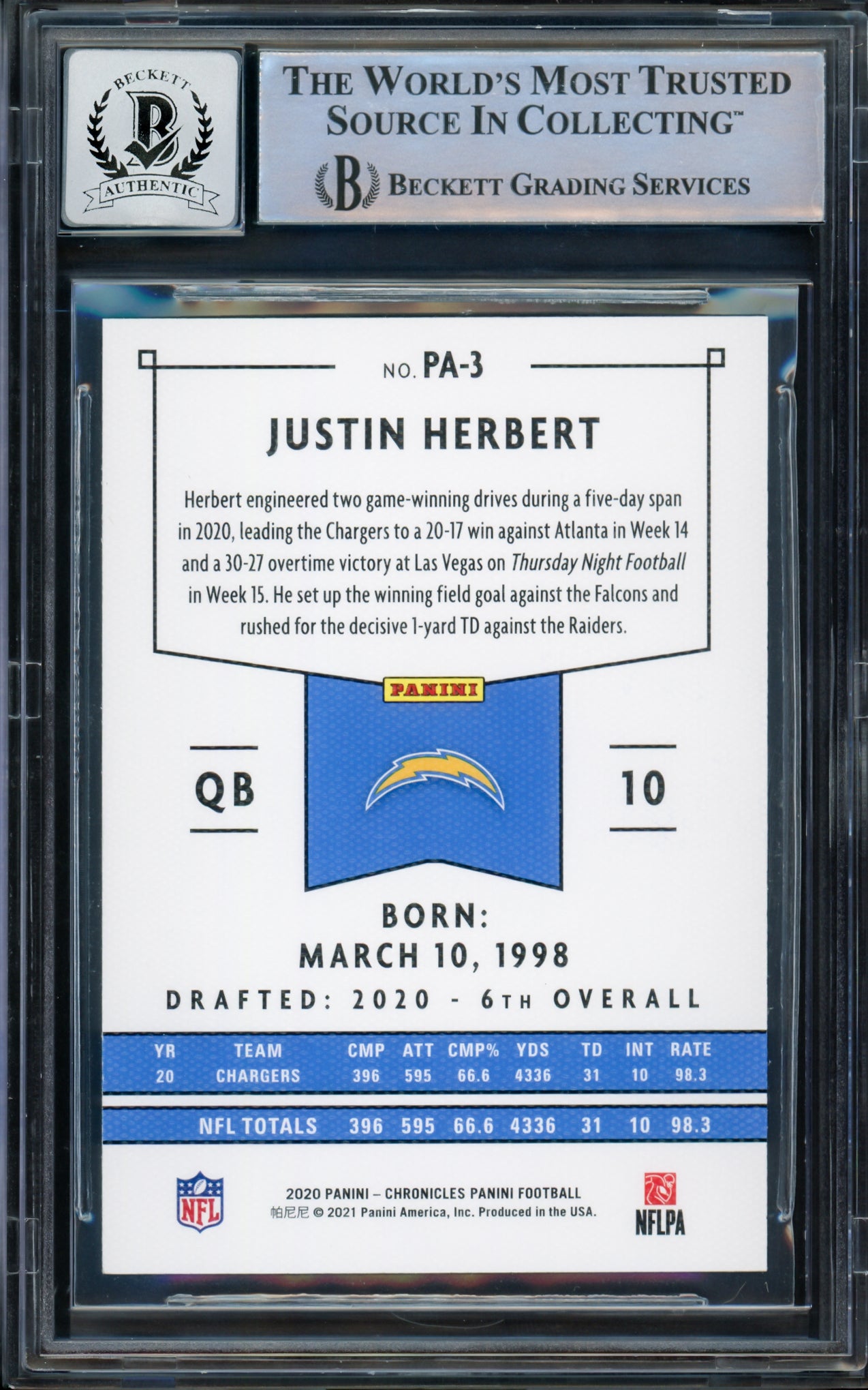 Justin Herbert Autographed 2020 Chronicles Panini Green Parallel Rookie Card #PA-3 Los Angeles Chargers Auto Grade Gem Mint 10 Beckett BAS #14243044