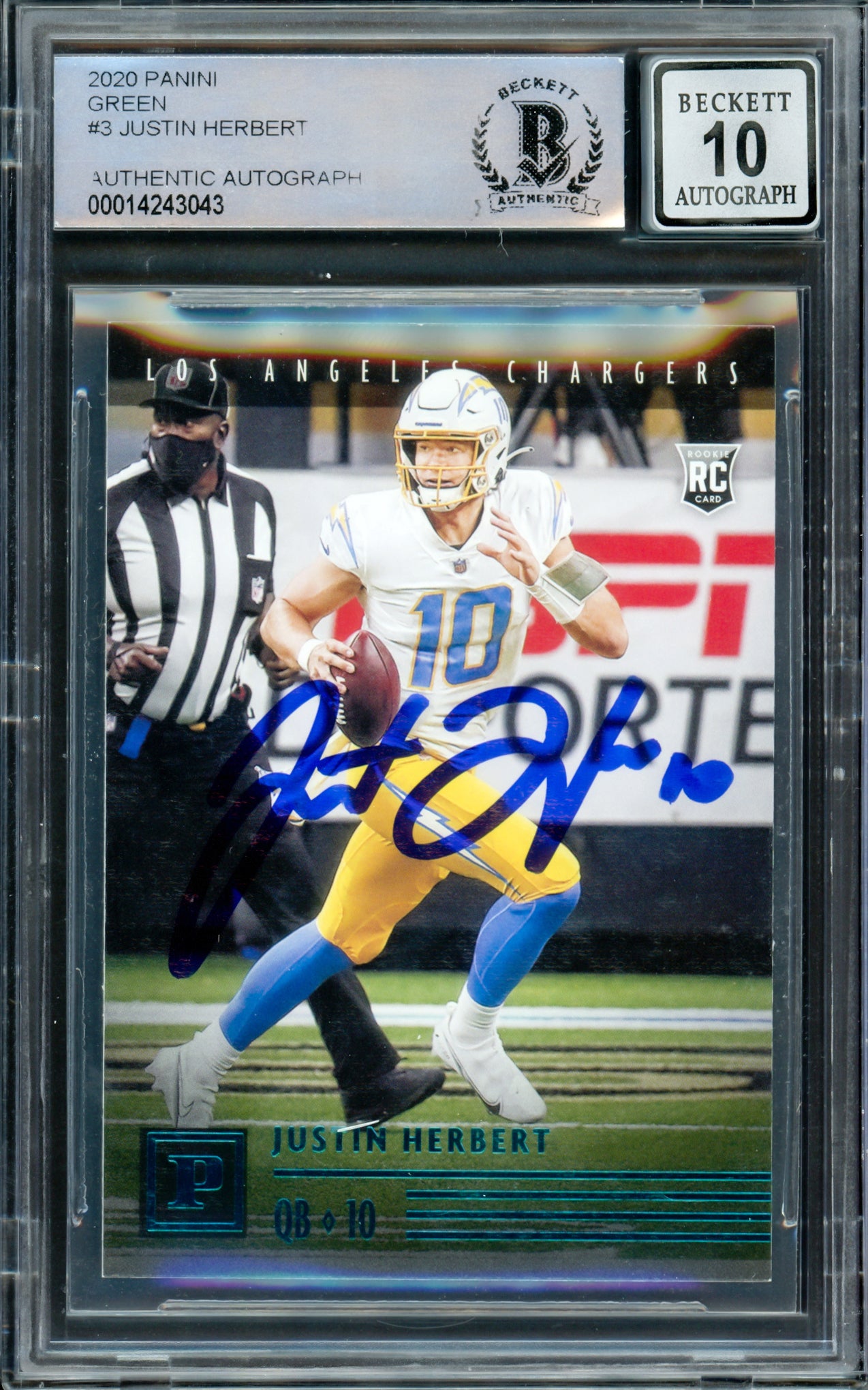 Justin Herbert Autographed 2020 Chronicles Panini Green Parallel Rookie Card #PA-3 Los Angeles Chargers Auto Grade Gem Mint 10 Beckett BAS #14243043