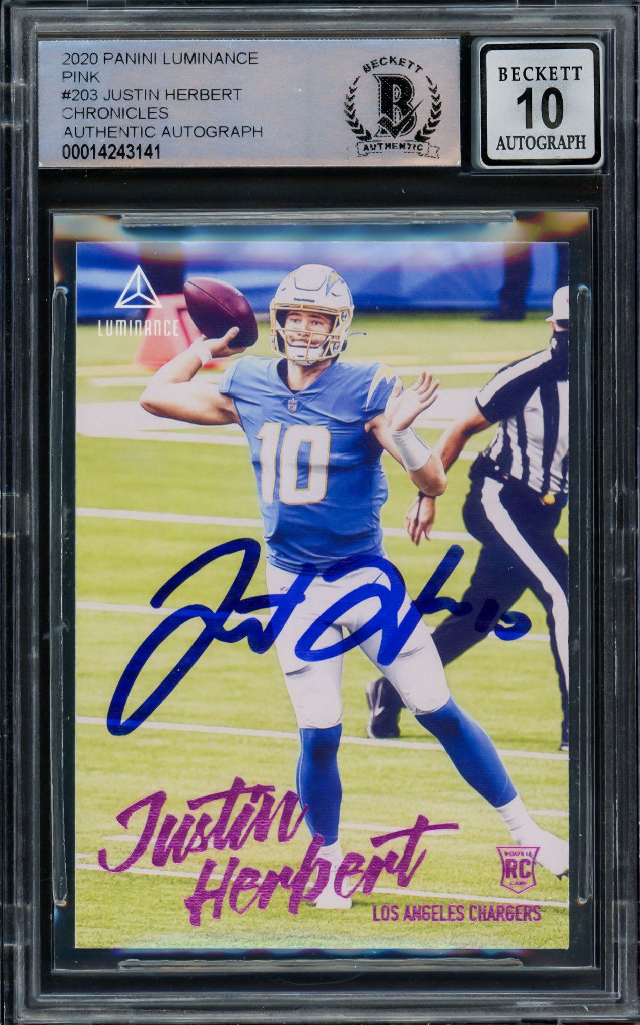 Justin Herbert Autographed 2020 Panini Luminance Pink Parallel Rookie Card #203 Los Angeles Chargers Auto Grade Gem Mint 10 Beckett BAS #14243141