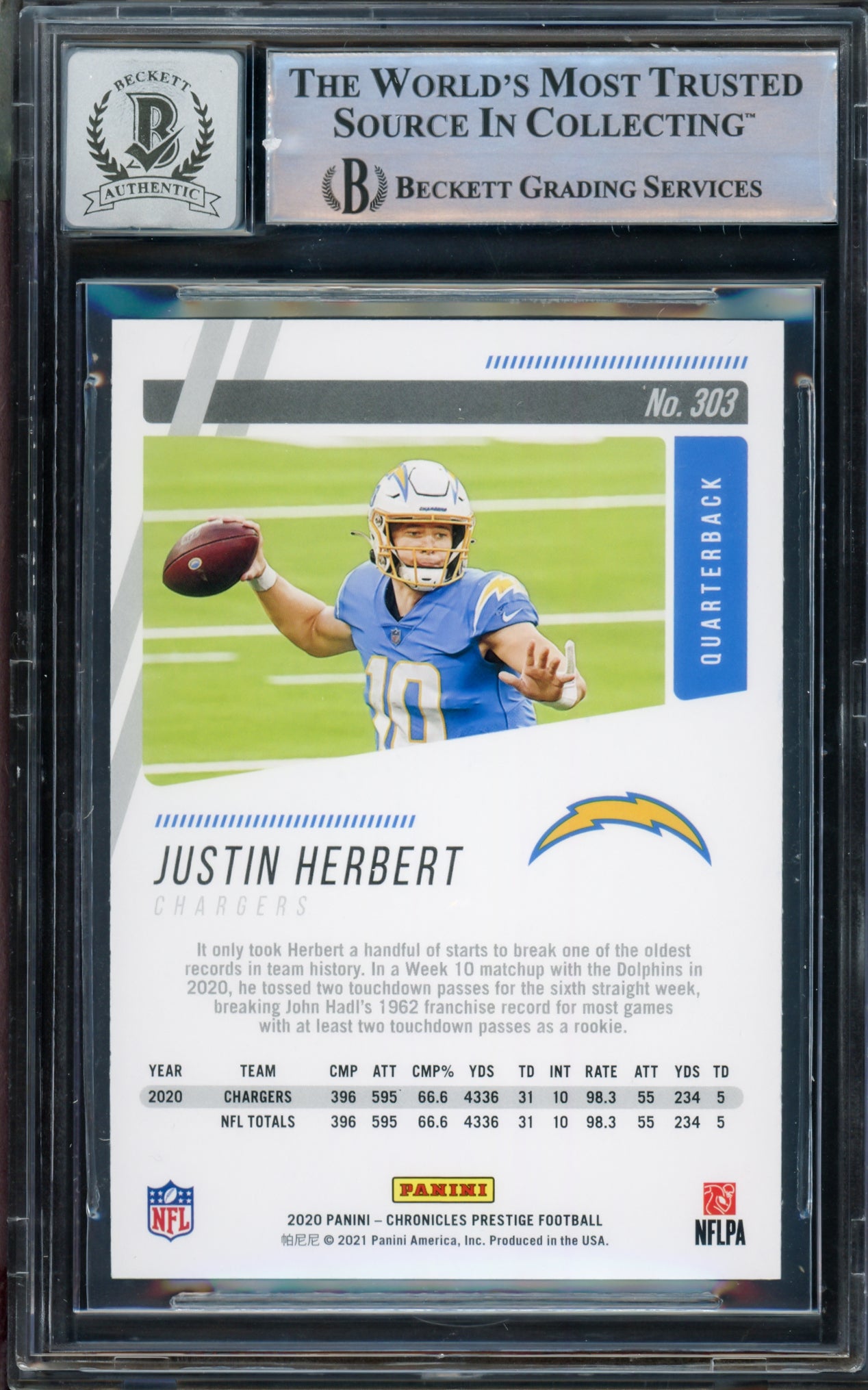 Justin Herbert Autographed 2020 Panini Prestige Rookie Card #303 Los Angeles Chargers Auto Grade Gem Mint 10 Beckett BAS Stock #206693