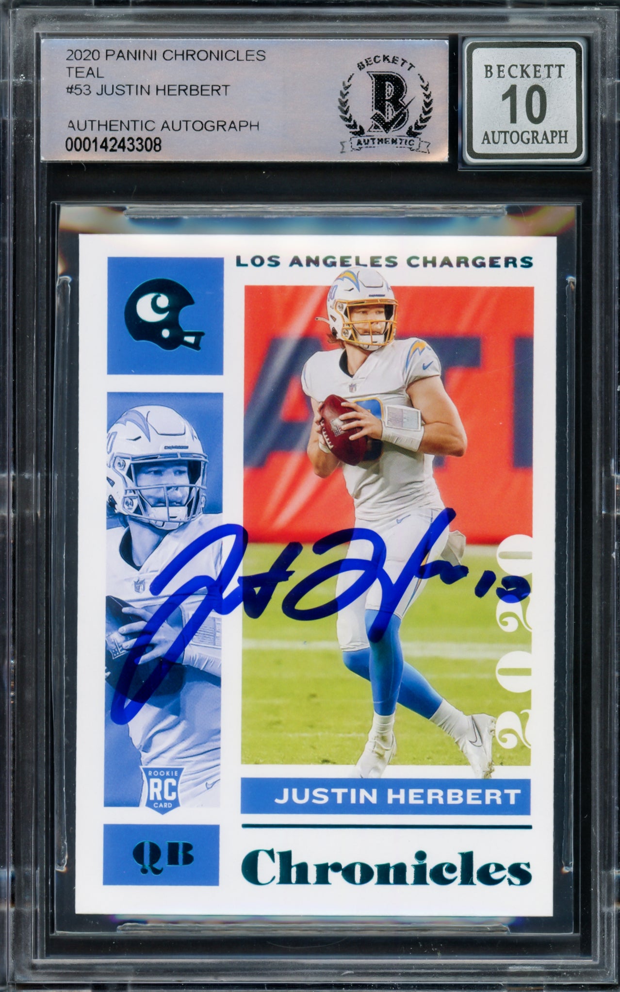 Justin Herbert Autographed 2020 Panini Chronicles Teal Parallel Rookie Card #53 Los Angeles Chargers Auto Grade Gem Mint 10 Beckett BAS #14243308