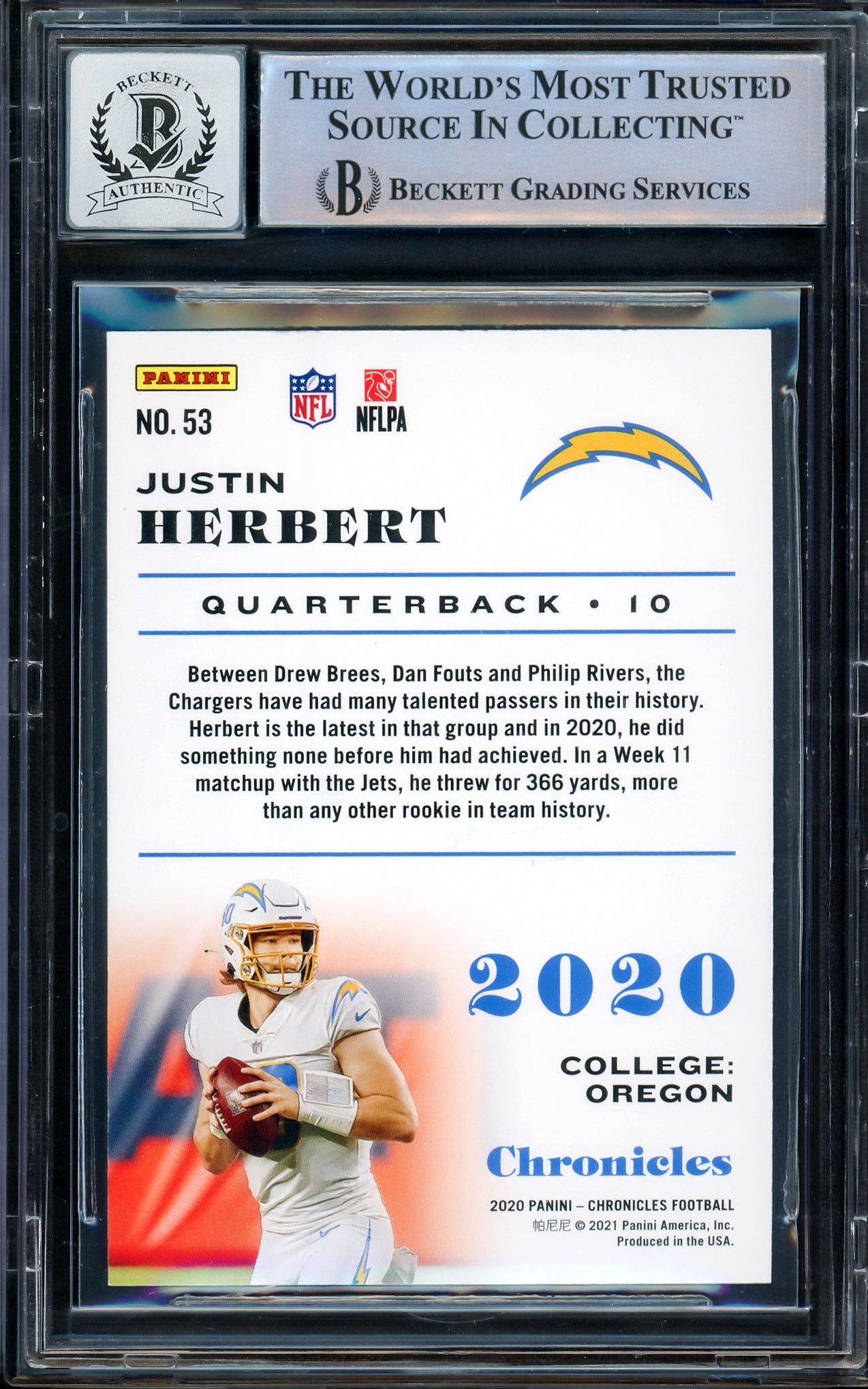 Justin Herbert Autographed 2020 Panini Chronicles Rookie Card #53 Los Angeles Chargers Auto Grade Gem Mint 10 Beckett BAS Stock #206708