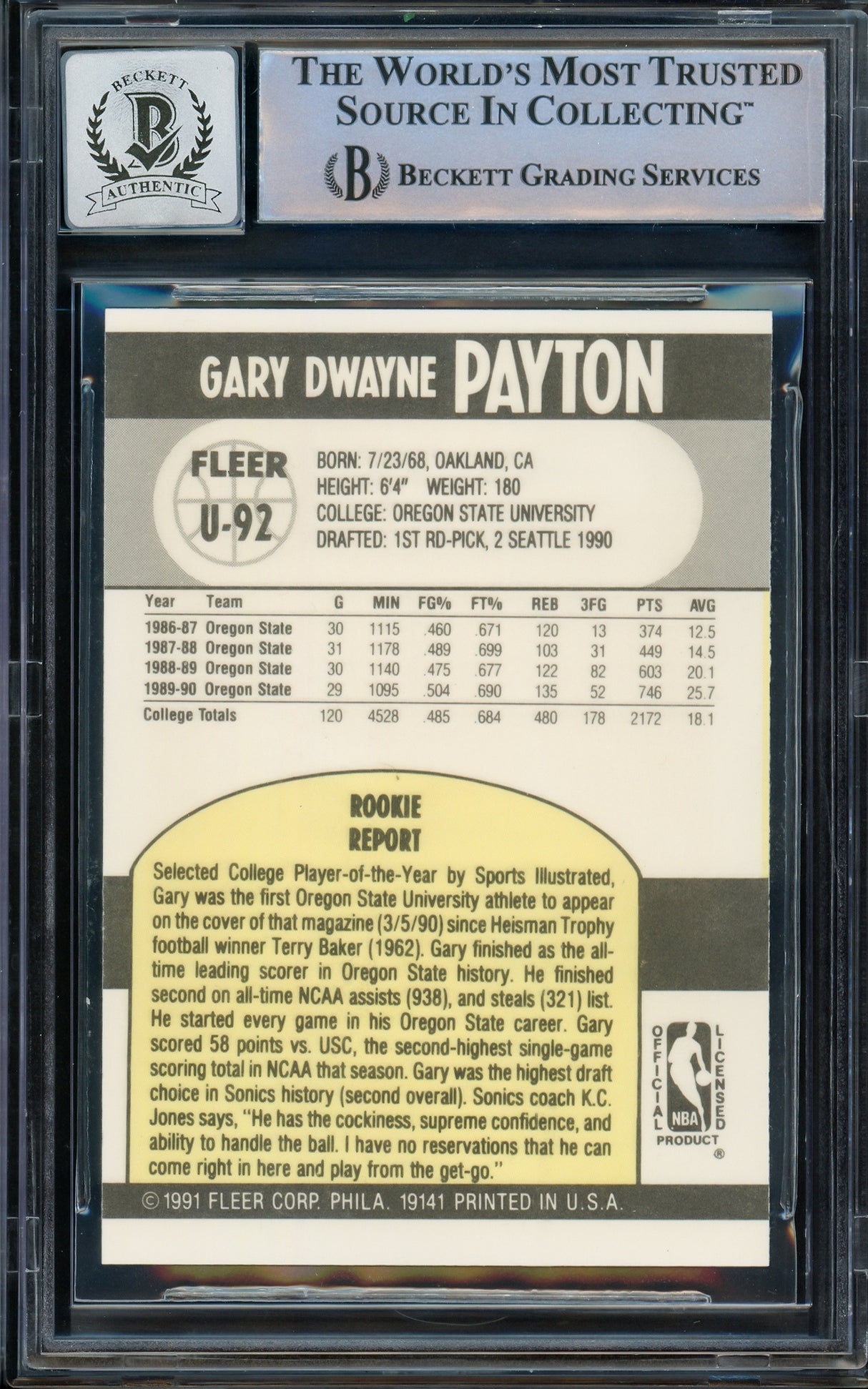 Gary Payton Autographed 1990-91 Fleer Update Rookie Card #U-92 Seattle Supersonics Auto Grade Gem Mint 10 Beckett BAS Stock #206804