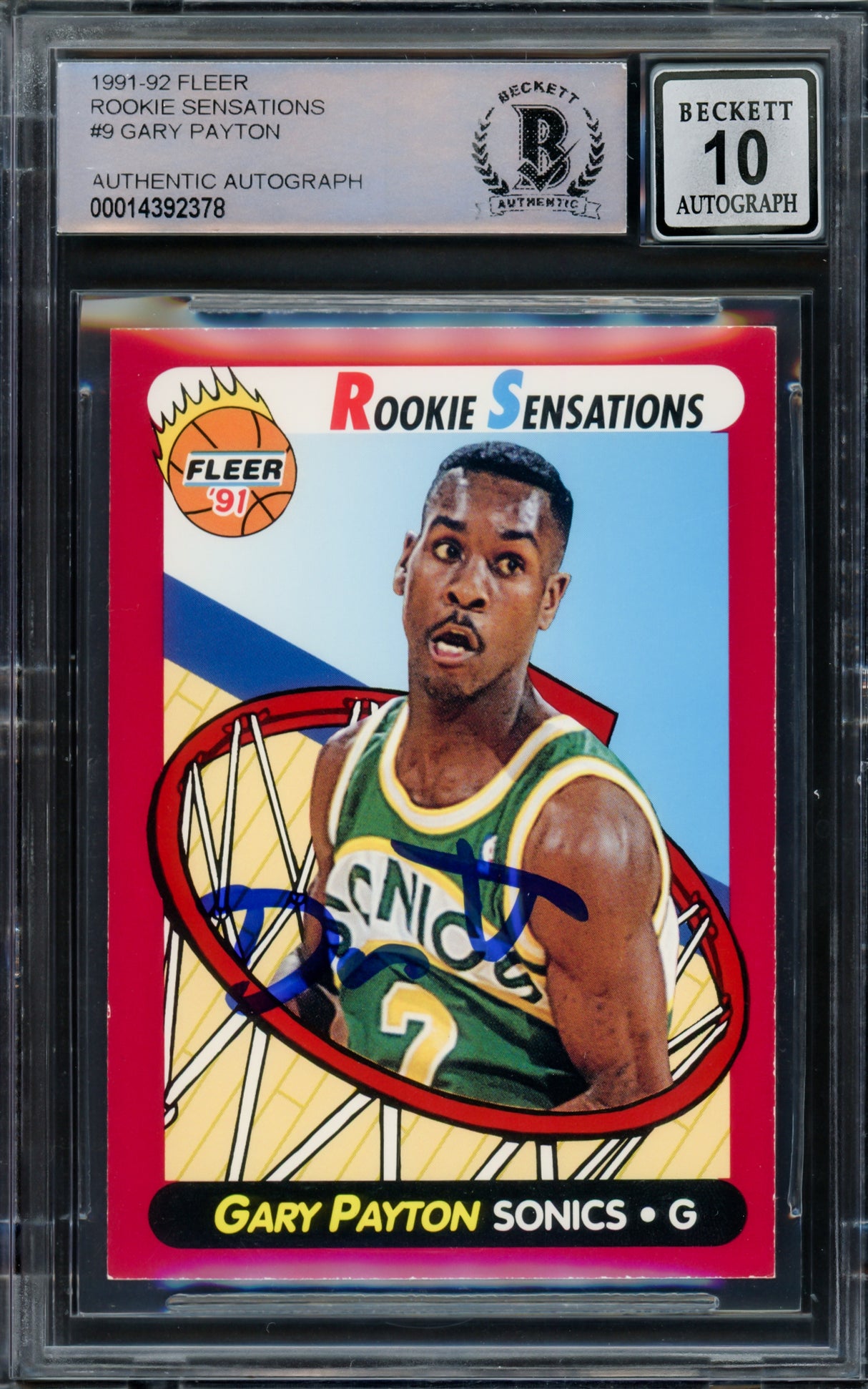 Gary Payton Autographed 1991-92 Fleer Rookie Sensations Rookie Card #9 Seattle Supersonics Auto Grade Gem Mint 10 Beckett BAS #14392378