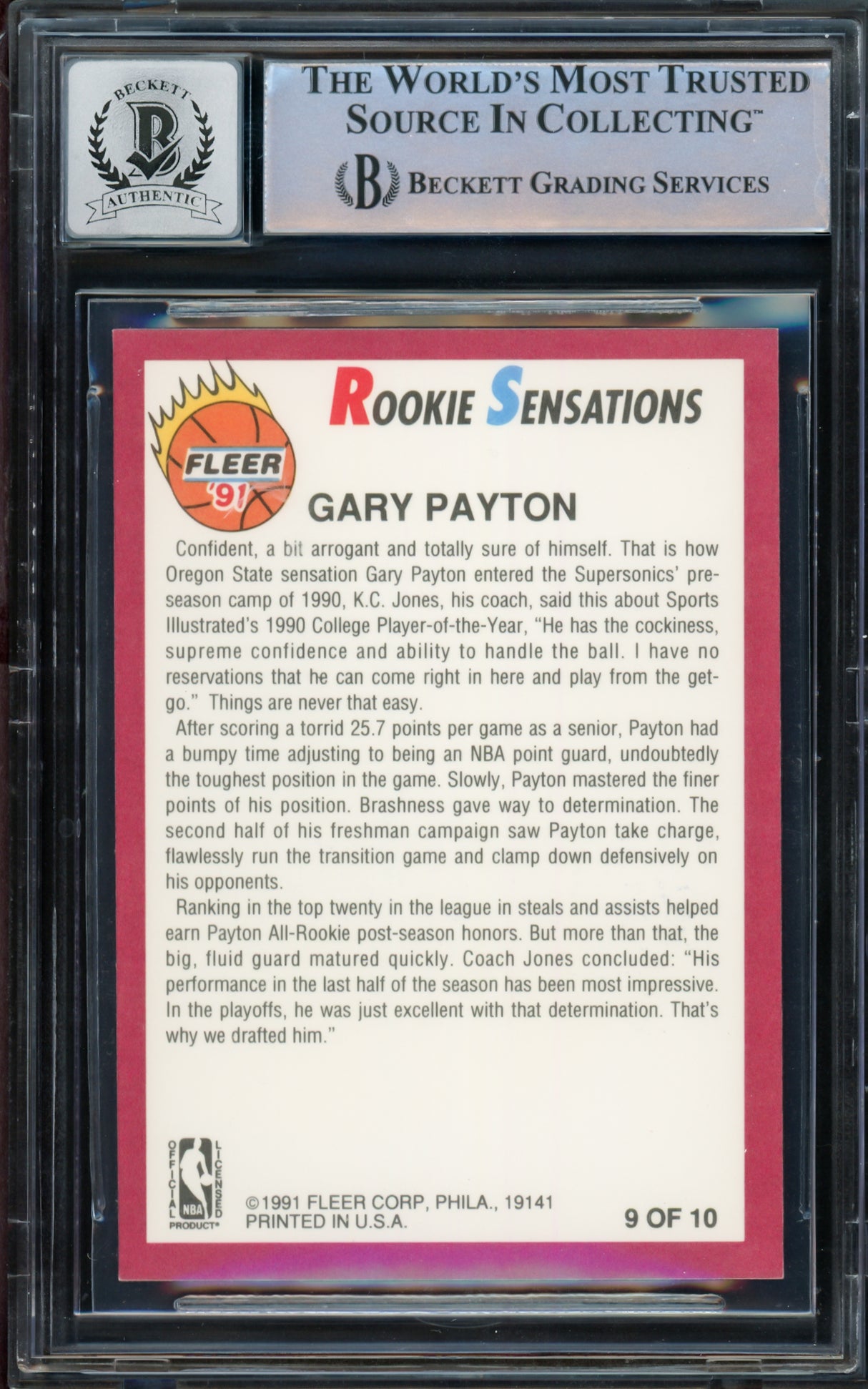 Gary Payton Autographed 1991-92 Fleer Rookie Sensations Rookie Card #9 Seattle Supersonics Auto Grade Gem Mint 10 Beckett BAS #14392378