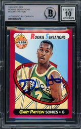 Gary Payton Autographed 1991-92 Fleer Rookie Sensations Rookie Card #9 Seattle Supersonics Auto Grade Gem Mint 10 Beckett BAS #14392379