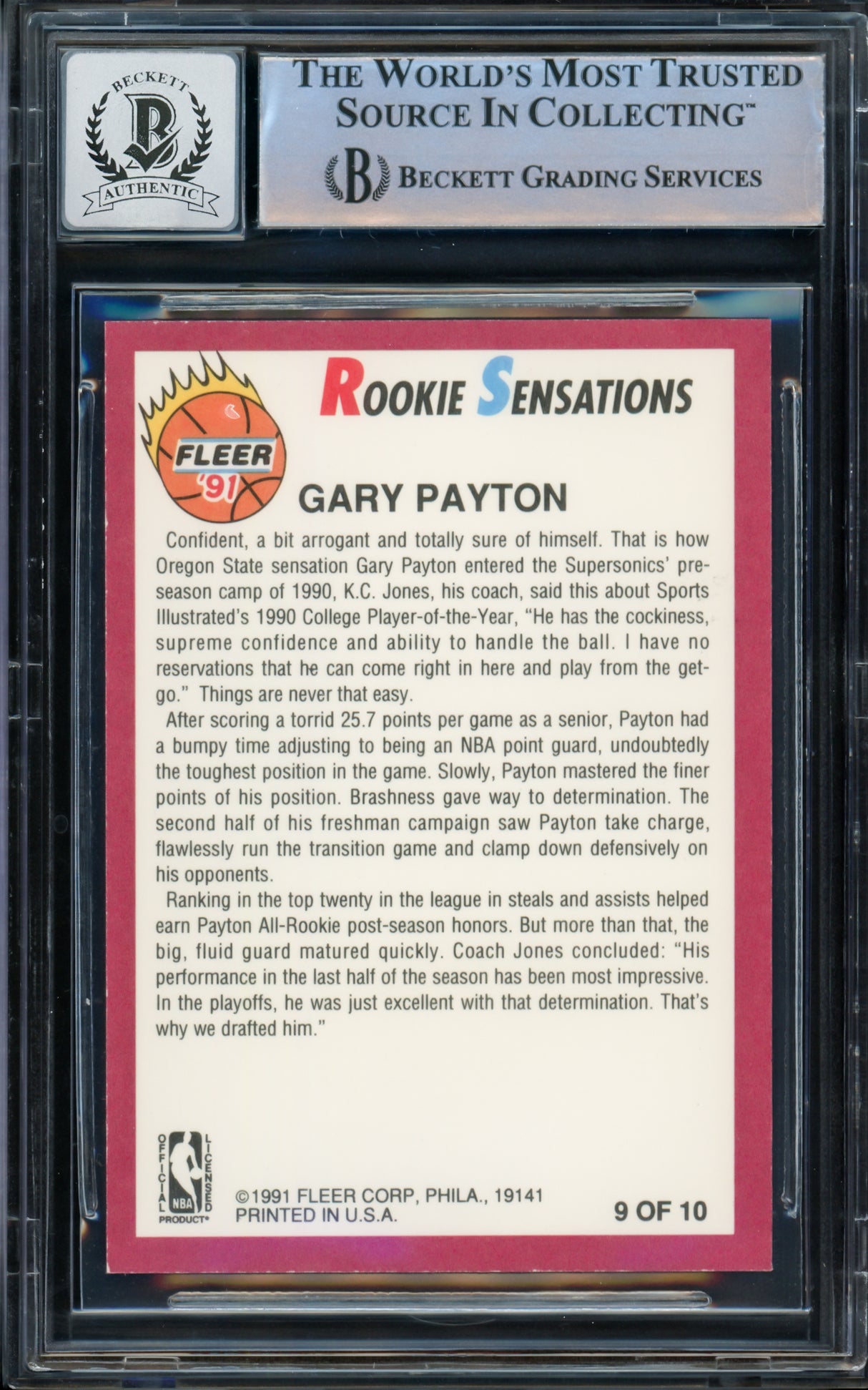 Gary Payton Autographed 1991-92 Fleer Rookie Sensations Rookie Card #9 Seattle Supersonics Auto Grade Gem Mint 10 Beckett BAS #14392379