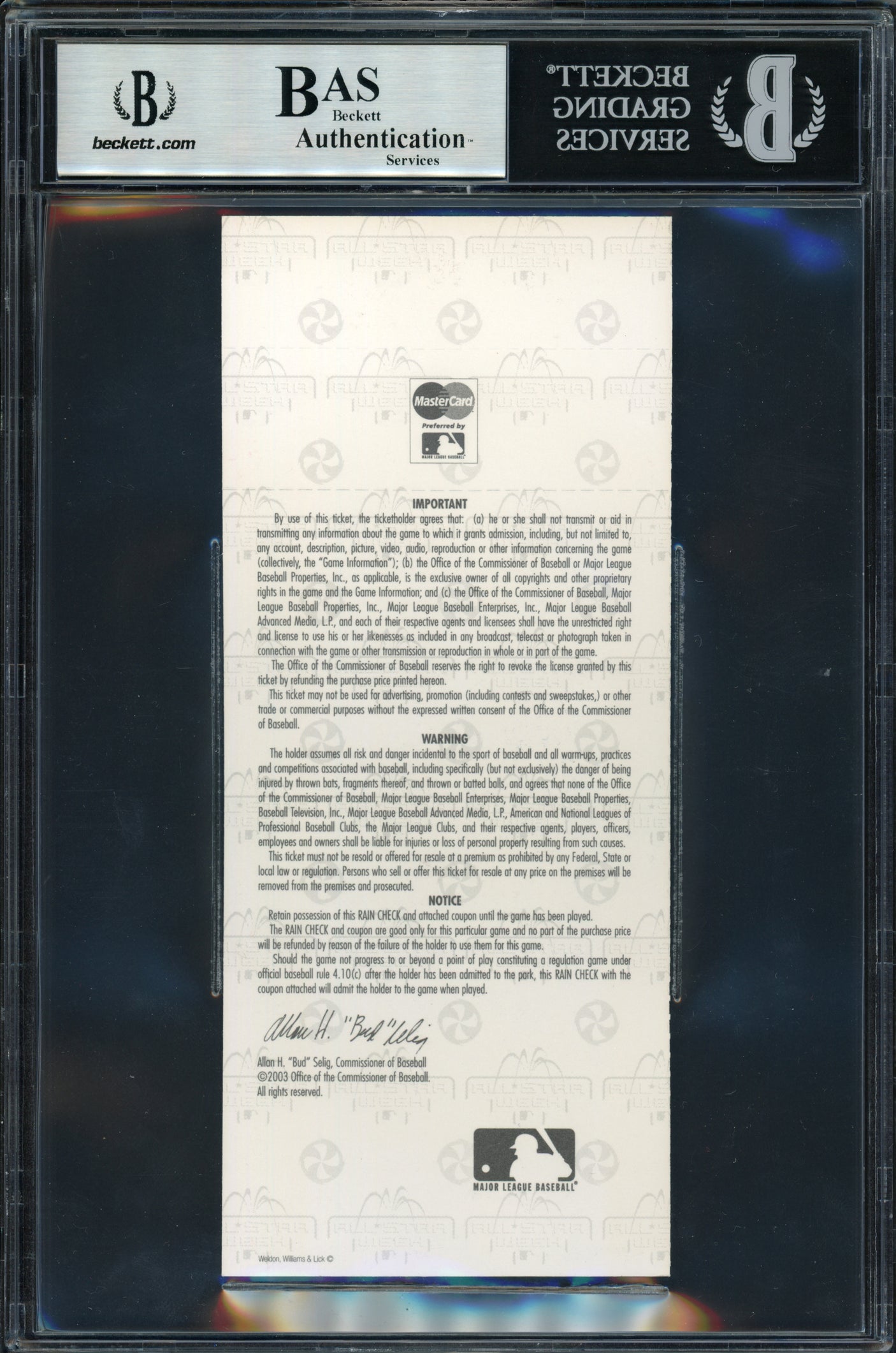 Ichiro Suzuki Autographed 2003 All Star Game Ticket 2003 All Star Game Ticket Seattle Mariners Beckett BAS #14232770