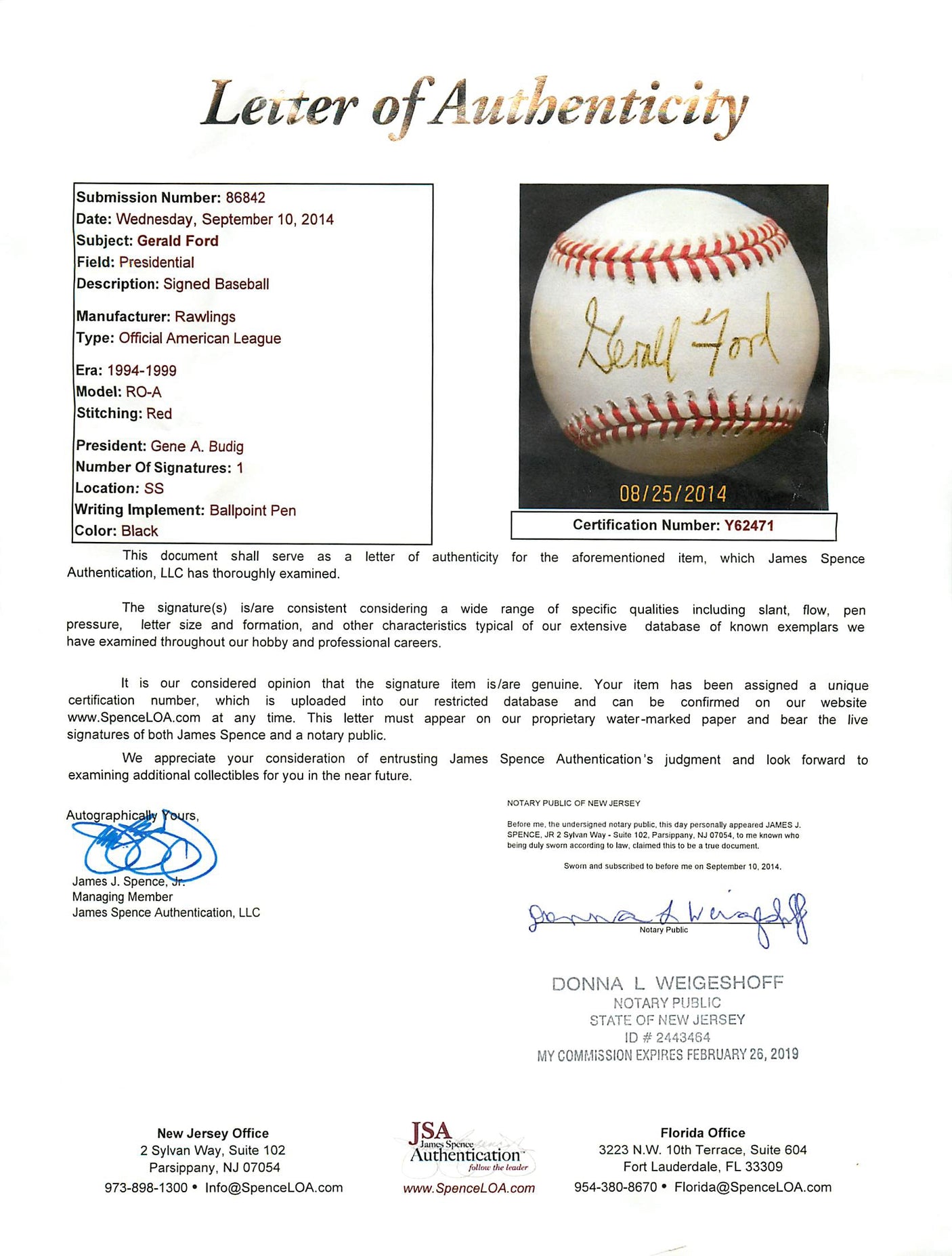 President Gerald Ford Authentic Signed OAL Baseball Autographed JSA #Y62471