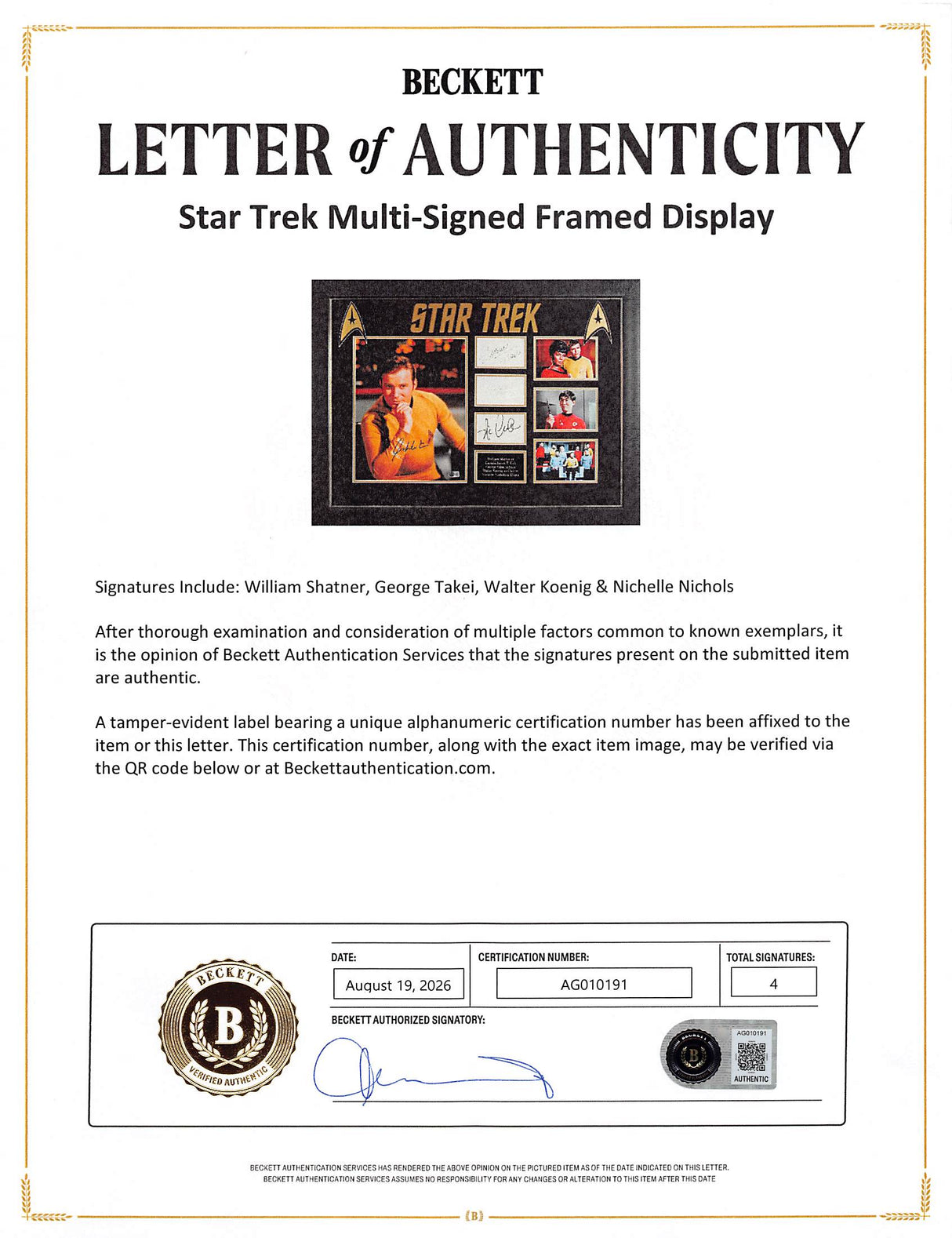 Star Trek (4) Shatner, Takei Koenig & Nichols Signed Frame Display BAS #AG010191