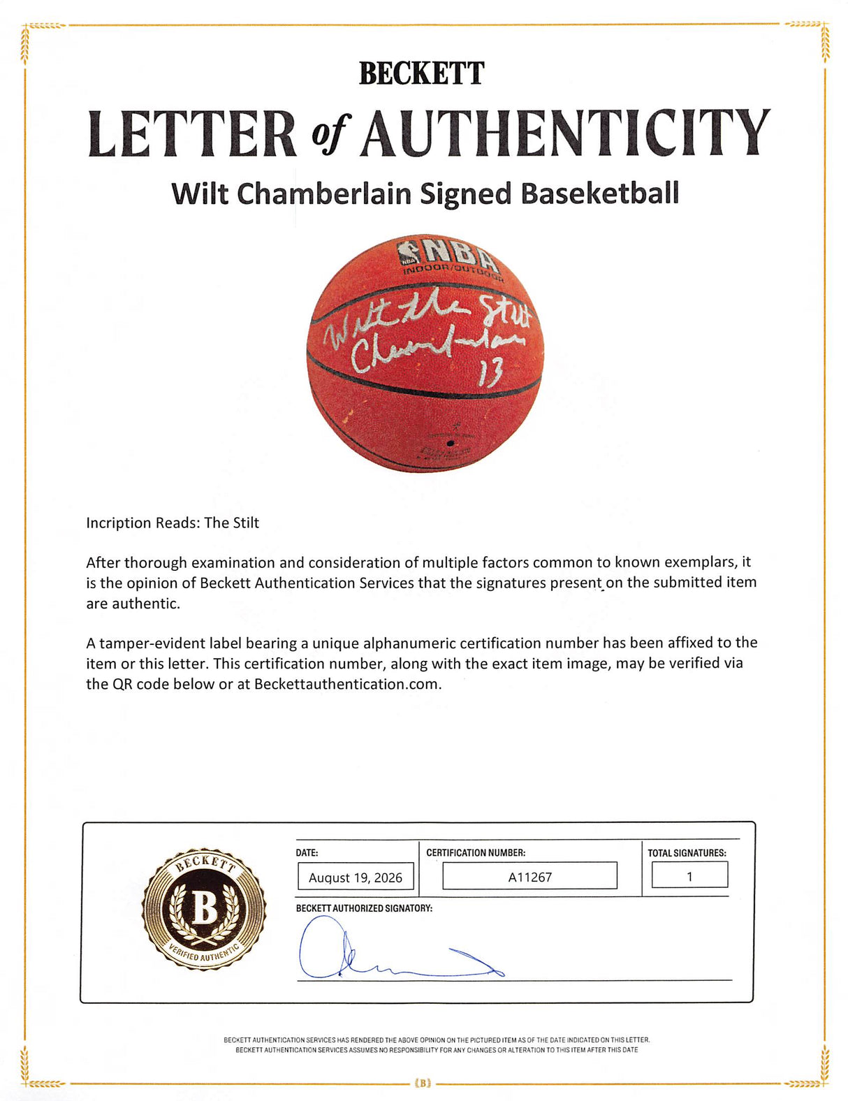 Lakers Wilt "The Stilt" Chamberlain Signed Spalding I/O Basketball BAS #A11267