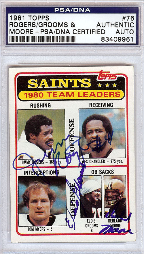 Jimmy Rogers, Elois Grooms & Derlan Moore Autographed 1981 Topps Card #76 New Orleans Saints PSA/DNA #83409961