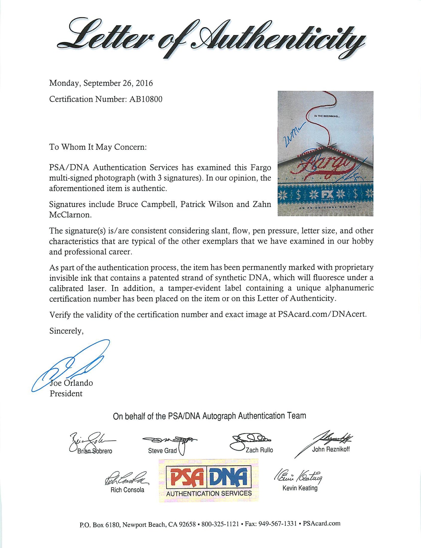 Fargo (Patrick Wilson, Bruce Campbell, +1) Signed 11X14 Photo PSA/DNA #AB10800