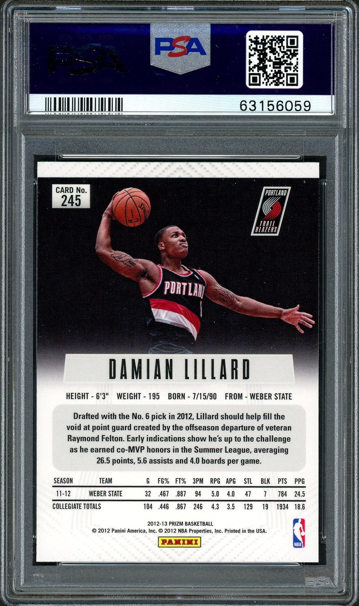 Damian Lillard Autographed 2012 Panini Prizm Rookie Card #245 Portland Trail Blazers PSA 10 Auto Grade Mint 9 On Card PSA/DNA #63156059
