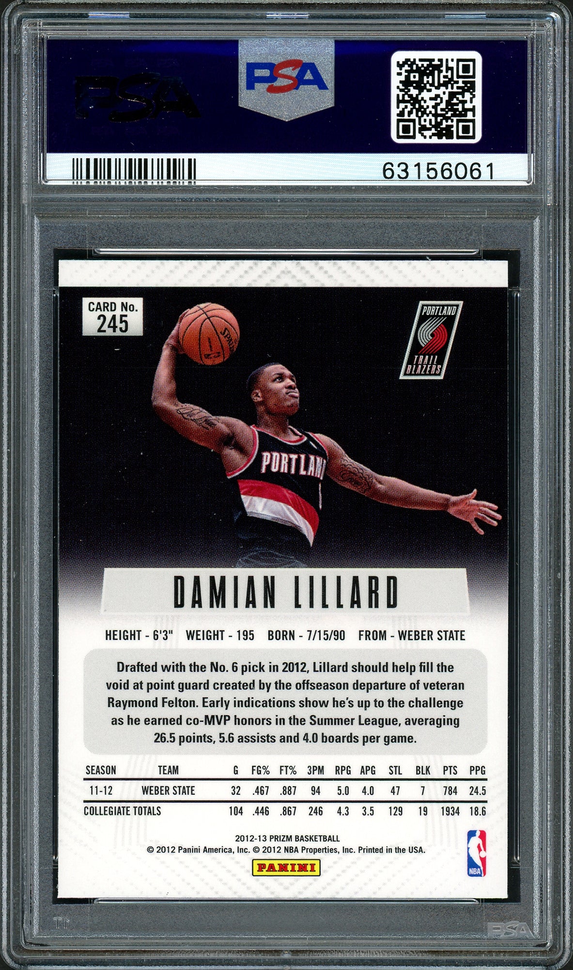 Damian Lillard Autographed 2012 Panini Prizm Rookie Card #245 Portland Trail Blazers PSA 9 Auto Grade Gem Mint 10 On Card PSA/DNA #63156061