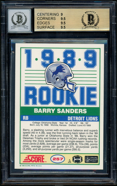 Barry Sanders Autographed 1989 Score Rookie Card #257 Detroit Lions BGS 9.5 Auto Grade Gem Mint 10 Beckett BAS #13330775