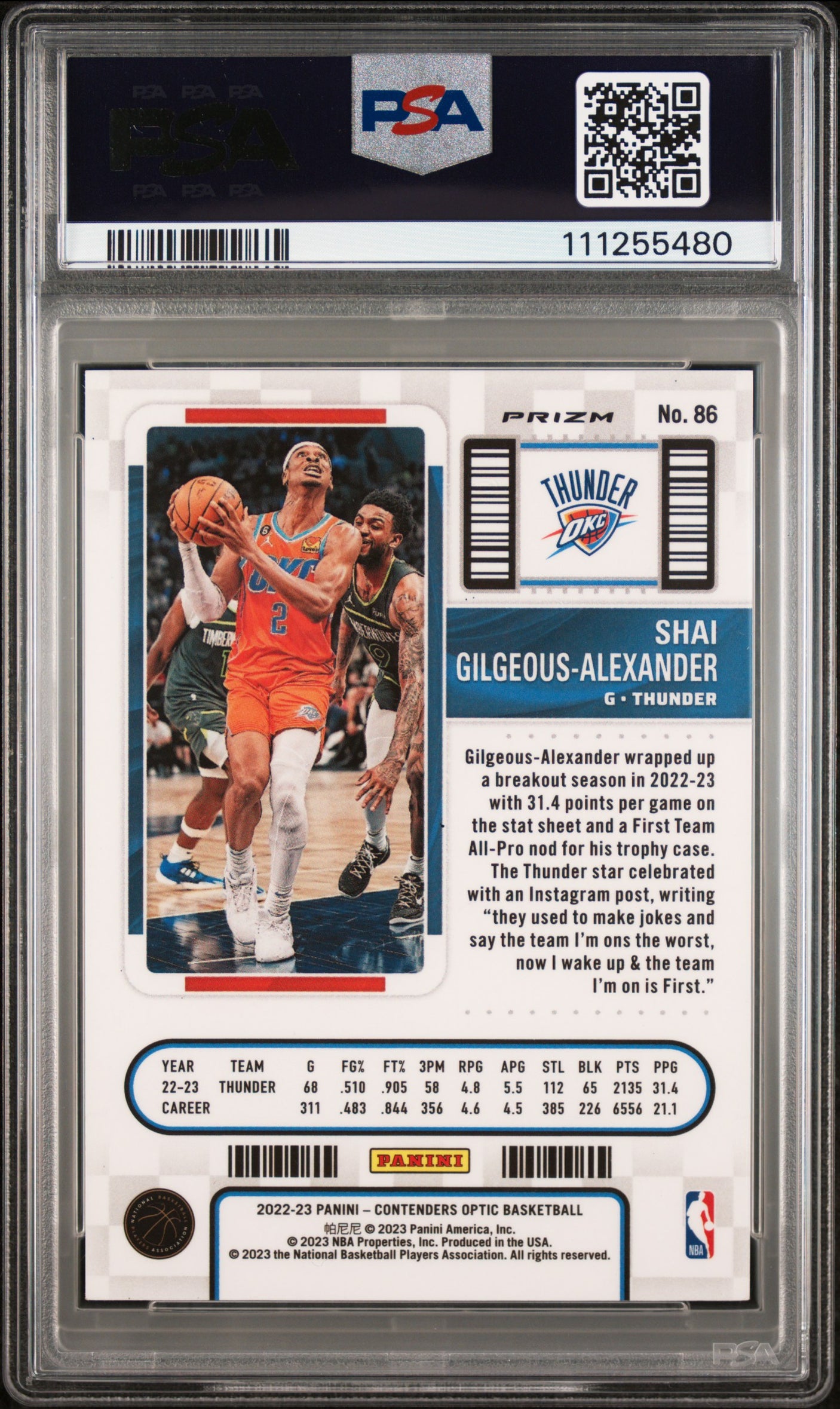 Shai Gilgeous-Alexander Signed 2022 Contenders Optic Silver #86 Card PSA Slabbed