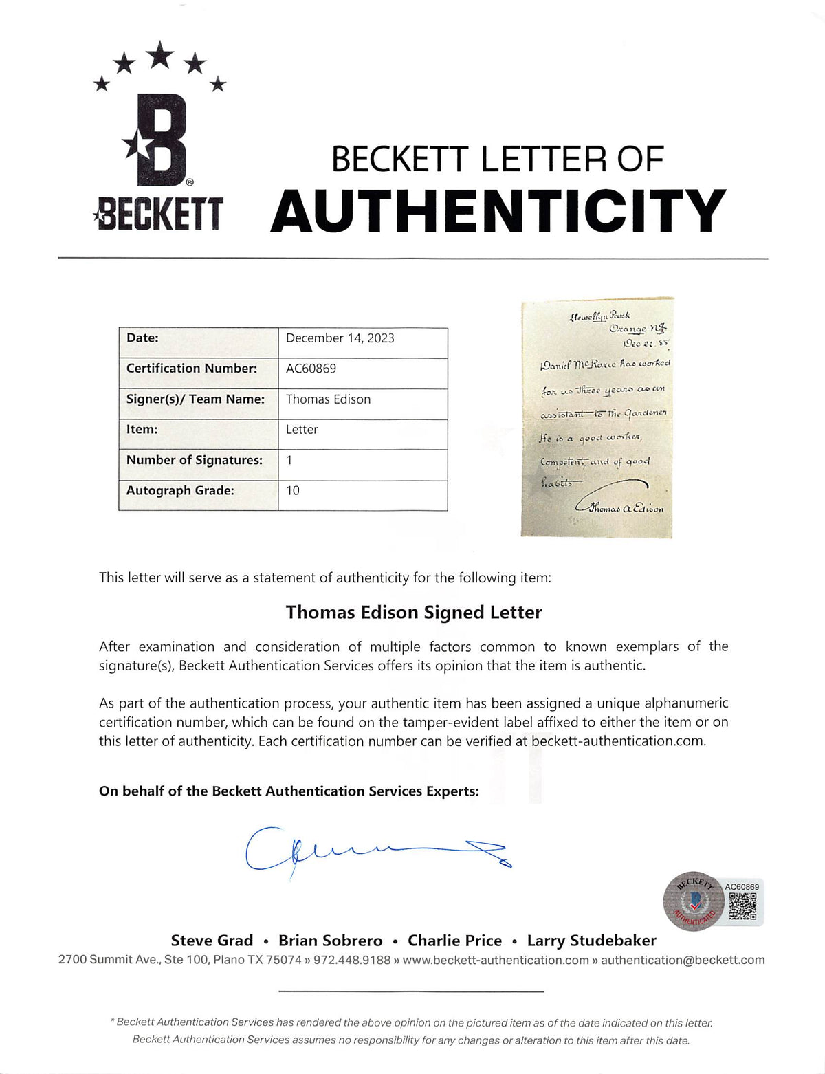 Thomas Edison Authentic Signed Handwritten Letter Auto Graded 10! BAS #AC60869