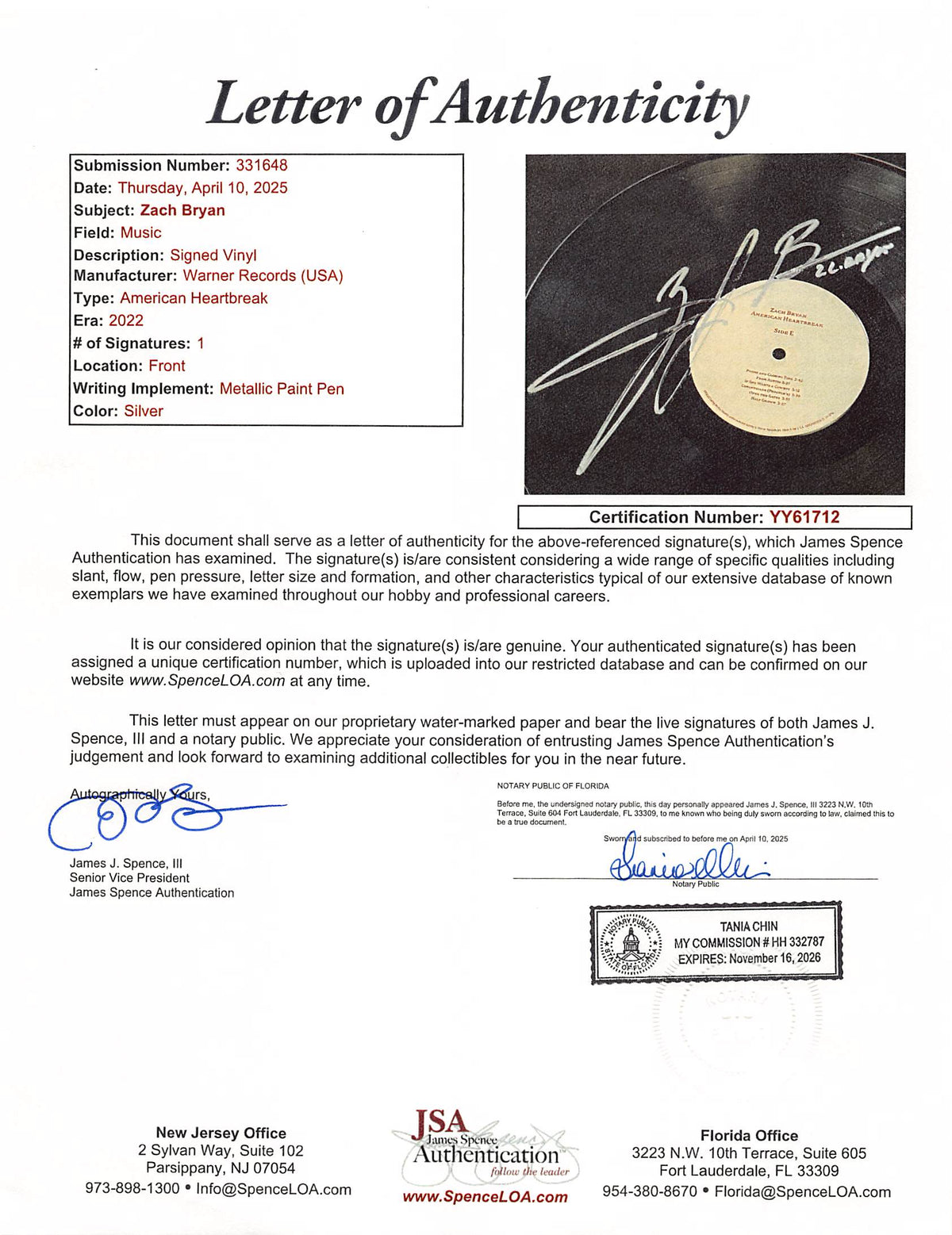 Zach Bryan Signed & Framed American Heartbreak Album Cover W/ Vinyl JSA #YY61712