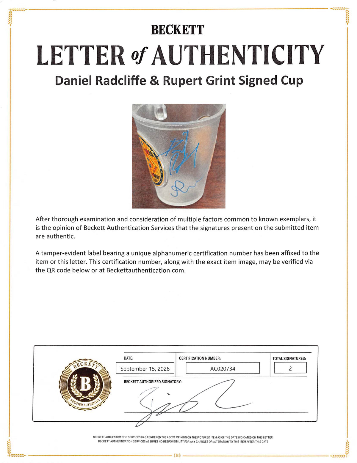 Daniel Radcliffe & Rupert Grint Harry Potter Signed Plastic Butterbeer Mug BAS