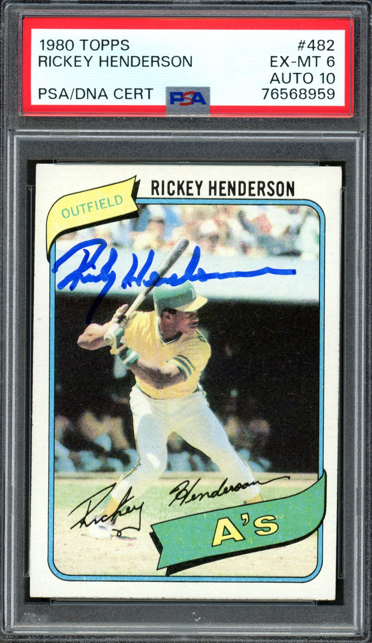 Rickey Henderson Autographed 1980 Topps Rookie Card #482 Oakland Athletics PSA 6 Auto Grade 10 PSA #76568959