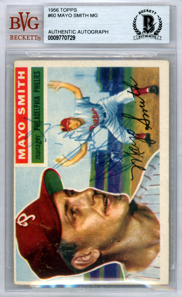 Mayo Smith Autographed 1956 Topps Card #60 Philadelphia Phillies Beckett BAS #9770729