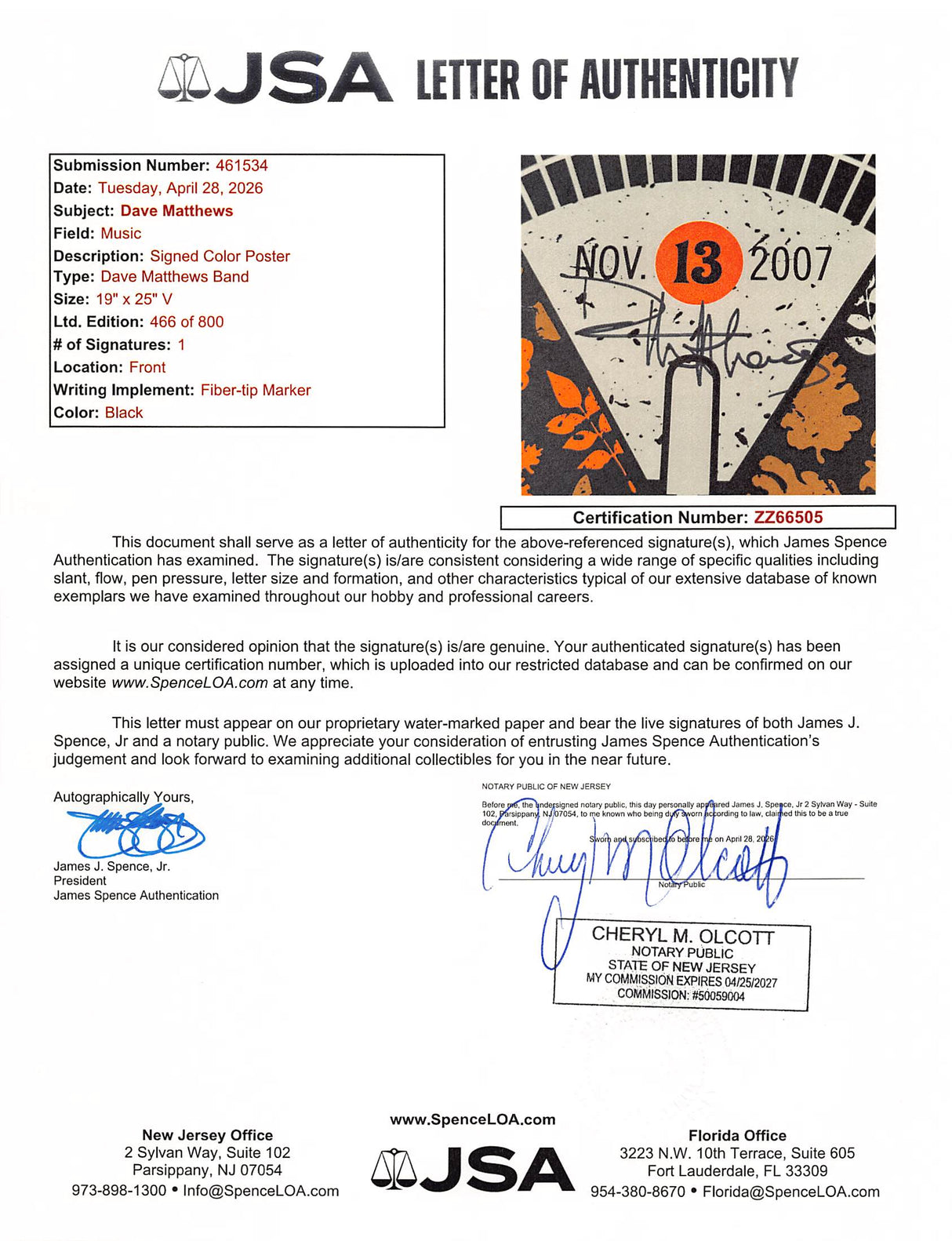 Dave Matthews DMB Signed 2007 Izod Center 19x25 Poster LE #466/800 JSA #ZZ66505