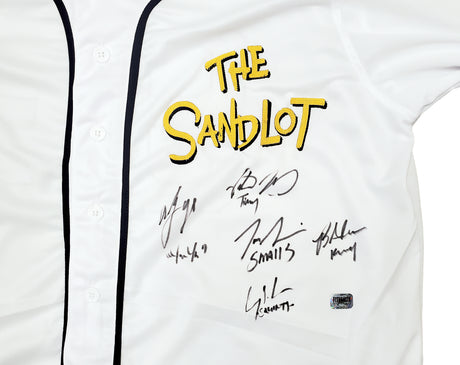 The Sandlot Cast Autographed White Jersey With 5 Signatures MCS Holo Stock #197083