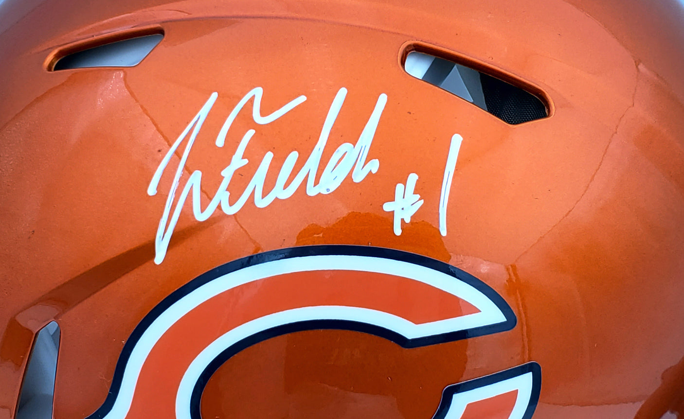 Justin Fields Autographed Chicago Bears Flash Orange Full Size Authentic Speed Helmet Beckett BAS QR Stock #197094
